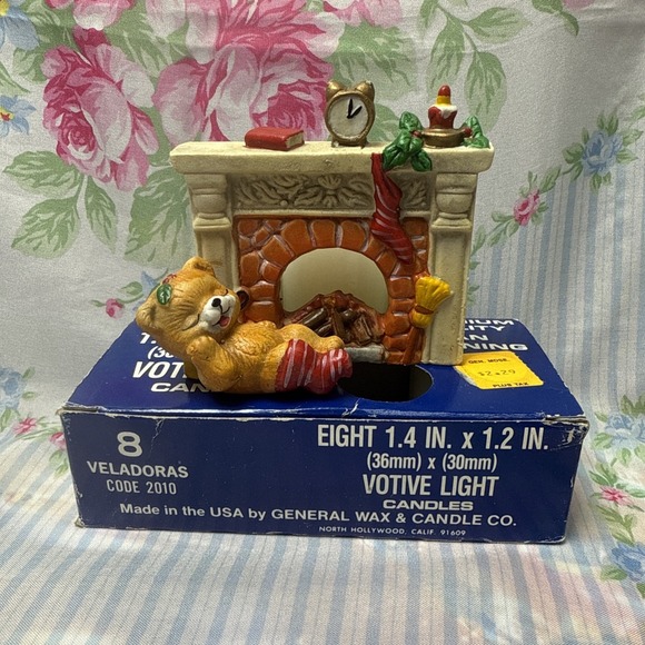 The Unbranded Brand Other - Christmas Votive Teddy Bear Sleeping by Fireplace Ceramic Hand painted/candles